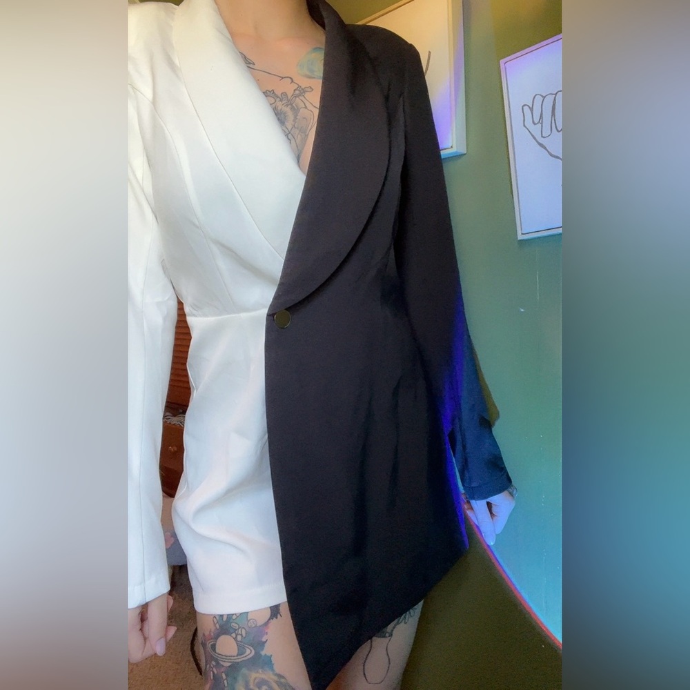 Fashion Nova Asymmetrical Color Block Blazer Romper Black and White